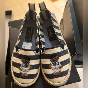 Polo Ralph Lauren Slip On Shoes Polo Bear Navy Cream Striped Size 10.5 Girls